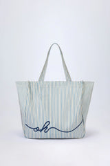 Oversized Canvas Tote Bag in Teal Blue Double Stripe