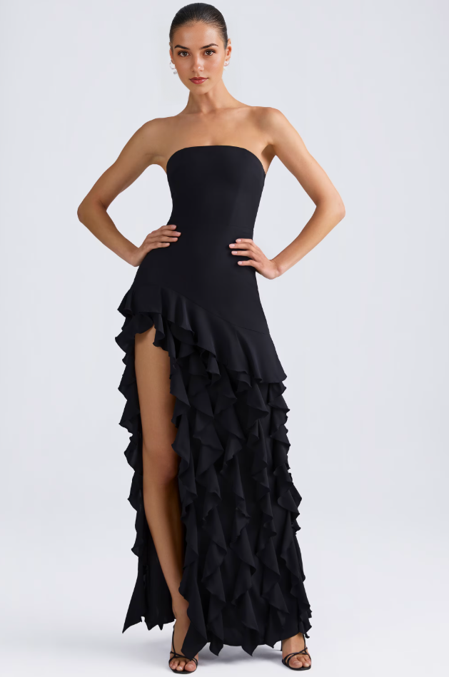 Kateproms Ruffle-Trim Strapless Gown in Black