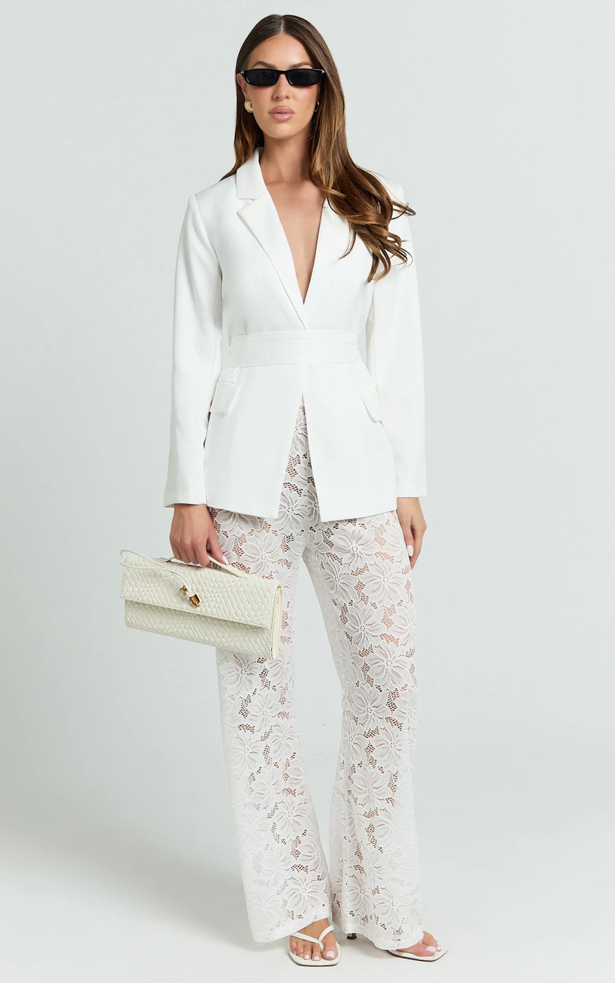 Caryl Two Piece Set - Wrap Waist Blazer and Lace Pant Set in White