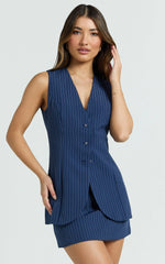 Francine Two Piece Top and Skirt Set - Longline V Neck Top And High Waist Mini Skirt Set in Navy