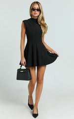 Becky Mini Dress - High Neck Sleeveless Fit And Flare Dress in Black