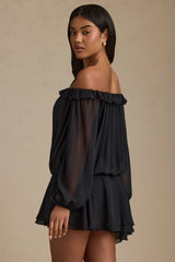 Off-Shoulder Asymmetric Balloon-Sleeve Mini Dress in Black