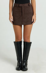Priscilla Mini Skirt - Mid Waist Faux Suede Skirt in Dark Chocolate