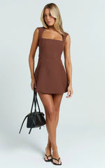 Sakura Mini Dress - Square Neck Wide Strap Corset Waist A Line Skirt Dress in Chocolate