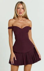 Izara Mini Dress - Off Shoulder Pleated Dress in Wine