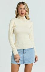 Natalie Top - Long Sleeve Roll Neck Knitted Top in Cream