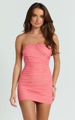 Zahara Mini Dress - Strapless Ruched Bodycon Dress in Strawberry