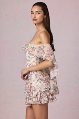 Off-Shoulder Ruffled Mini Dress in Primrose Floral Print