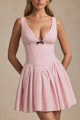 Bow-Detail A-Line Mini Dress in Pink Polka Dot