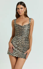 Sandy Mini Dress - Square Neck Jacquard Dress in Leopard Print