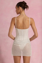 Semi-Sheer Embellished Draped Corset Mini Dress in White