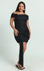 Svetlana Mini Dress - Textured Jersey Off Shoulder Draped Dress in Black