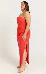 Avery Midi Dress - Strapless Draped Side Split Dress in Orange