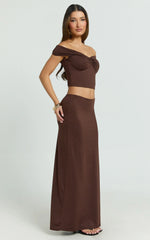 Chaney Top and Skirt Set - Twist Front Off Shoulder Top and Gathered Maxi Skirt Set in Chocolate