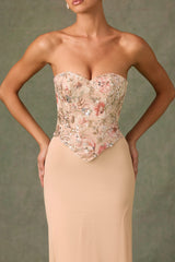 Embellished Corset Fishtail Gown in Floral Beige