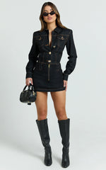 Fabia Mini Dress - Denim Hardware Button Front Fitted Shirt Dress in Dark Wash