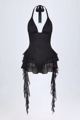 Ruffled Halterneck Bodysuit in Black