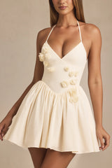 Halterneck Floral-Appliqué Corset Mini Dress in Ivory