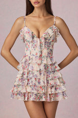 Ruffled Lace-Up A-Line Mini Dress in Primrose Floral Print