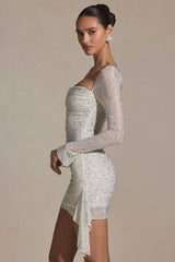 Embellished Draped Cowl-Neck Mini Dress in White