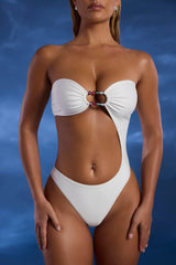 Bead-Embellished Cut-Out Bandeau Swimsuit in Ivory