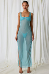 Pearl-Detail Cut-Out Maxi Dress in Turquoise
