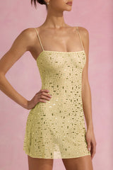 Sheer Embellished Square-Neck Mini Dress in Yellow