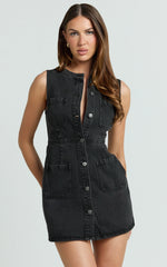 Stephanie Mini Dress - Scoop Neck Pocket Detail Recycled Denim Dress in Washed Black