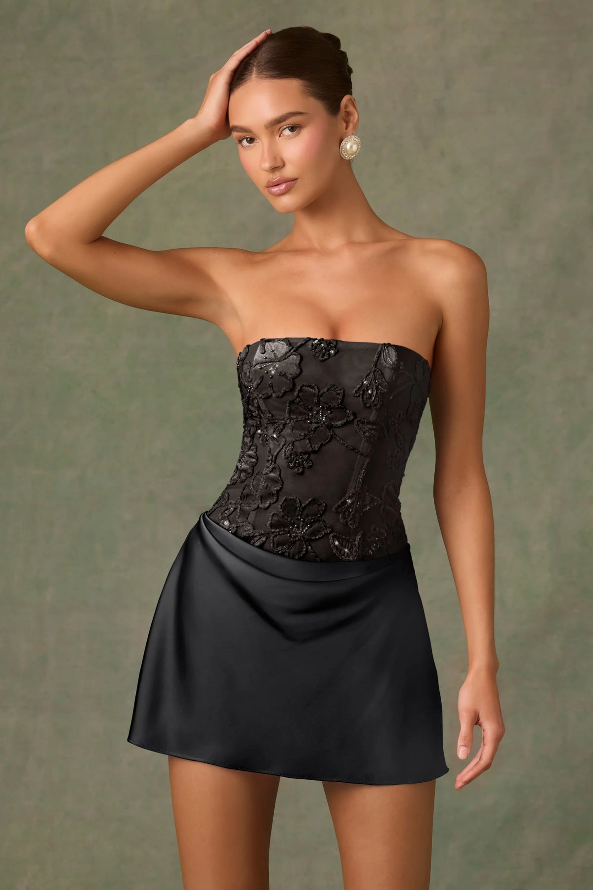 Embellished Draped Strapless A-Line Mini Dress in Black