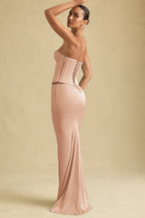 Draped Low-Rise Maxi Skirt in Beige Gold