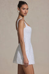 Embellished Structured A-Line Mini Dress in White