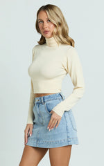 Natalie Top - Long Sleeve Roll Neck Knitted Top in Cream