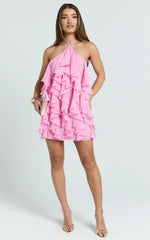 Carlson Mini Dress - Halter Neck Ruffle Tiered Dress in Pink