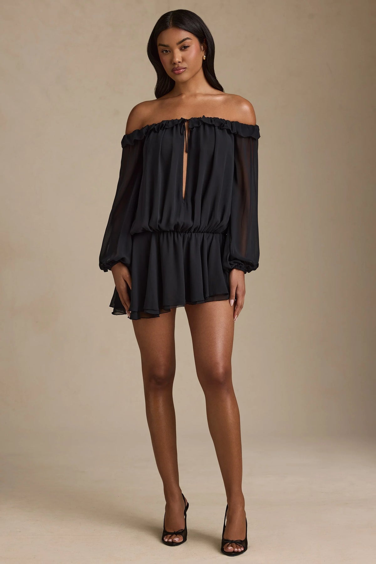 Off-Shoulder Asymmetric Balloon-Sleeve Mini Dress in Black