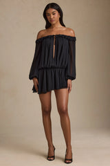 Off-Shoulder Asymmetric Balloon-Sleeve Mini Dress in Black