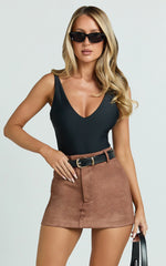 Priscilla Mini Skirt - Mid Waist Faux Suede Skirt in Brown Tan