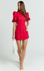 Laila Mini Linen Blend Dress - High Neck Side Cut Out Puff Sleeve Straight Dress in Red