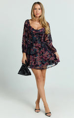 Jessell Mini Dress - Long Sleeve Cowl Corset Dress in Burnt Out Floral