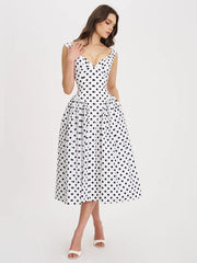 Rahma Polka Dot Drop Waist Midi Cotton Poplin Dress
