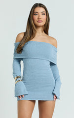 Pietra Mini Dress - Knitted Off Shoulder Dress in Baby Blue