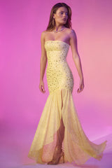 Semi-Sheer Embellished Asymmetric Maxi Dress in Yellow