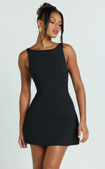Freddie Mini Dress - Boat Neck Fit and Flare Dress in Black