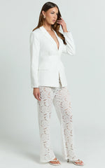 Caryl Two Piece Set - Wrap Waist Blazer and Lace Pant Set in White