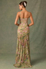 Ruched Asymmetric Corset Gown in Floral Multi Print