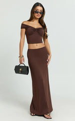Chaney Top and Skirt Set - Twist Front Off Shoulder Top and Gathered Maxi Skirt Set in Chocolate