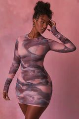Constellations Long Sleeve Bodycon Ruched Mesh Mini Dress in Blush