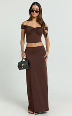 Chaney Top and Skirt Set - Twist Front Off Shoulder Top and Gathered Maxi Skirt Set in Chocolate
