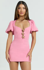 Lalisa Mini Dress - Puff Sleeve Starfish Plunge Neck Dress in Pink