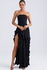 Kateproms Ruffle-Trim Strapless Gown in Black