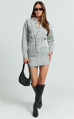 Kamala Mini Dress - Long Sleeve Button Through Denim Dress in Grey